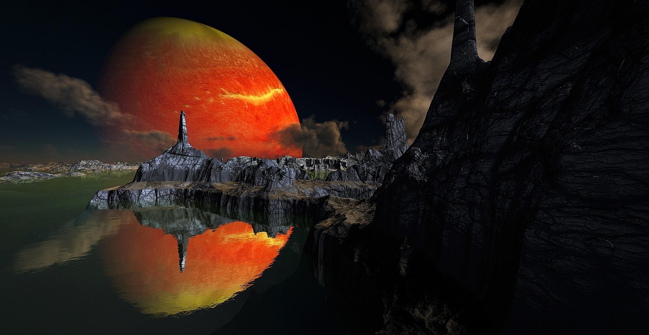 planet, mountains, reflection, space, water, science fiction, fantasy, landscape, space art, nature, science fiction, science fiction, science fiction, science fiction, science fiction, fantasy
